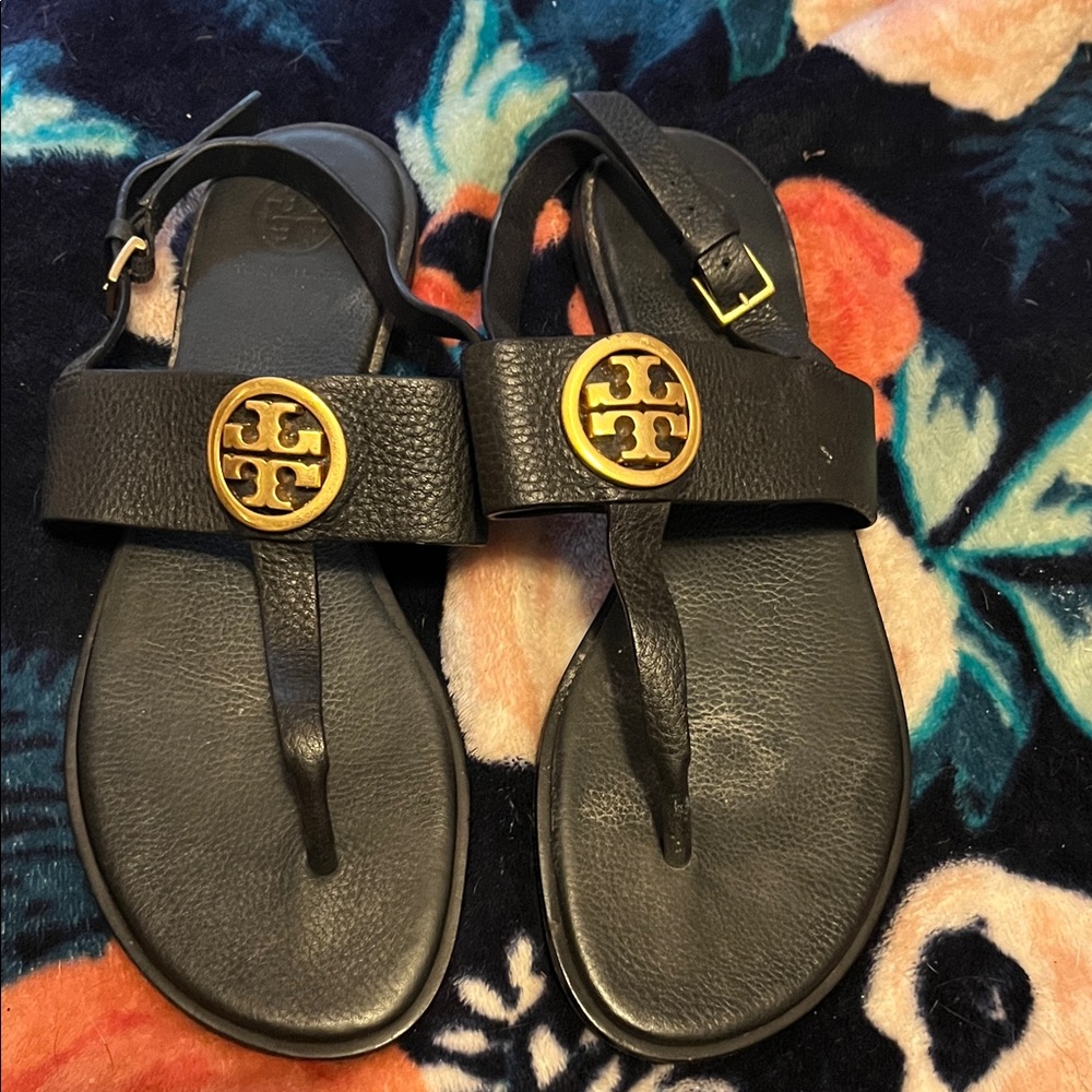 Tory Burch Black Sandals with Gold Emblem